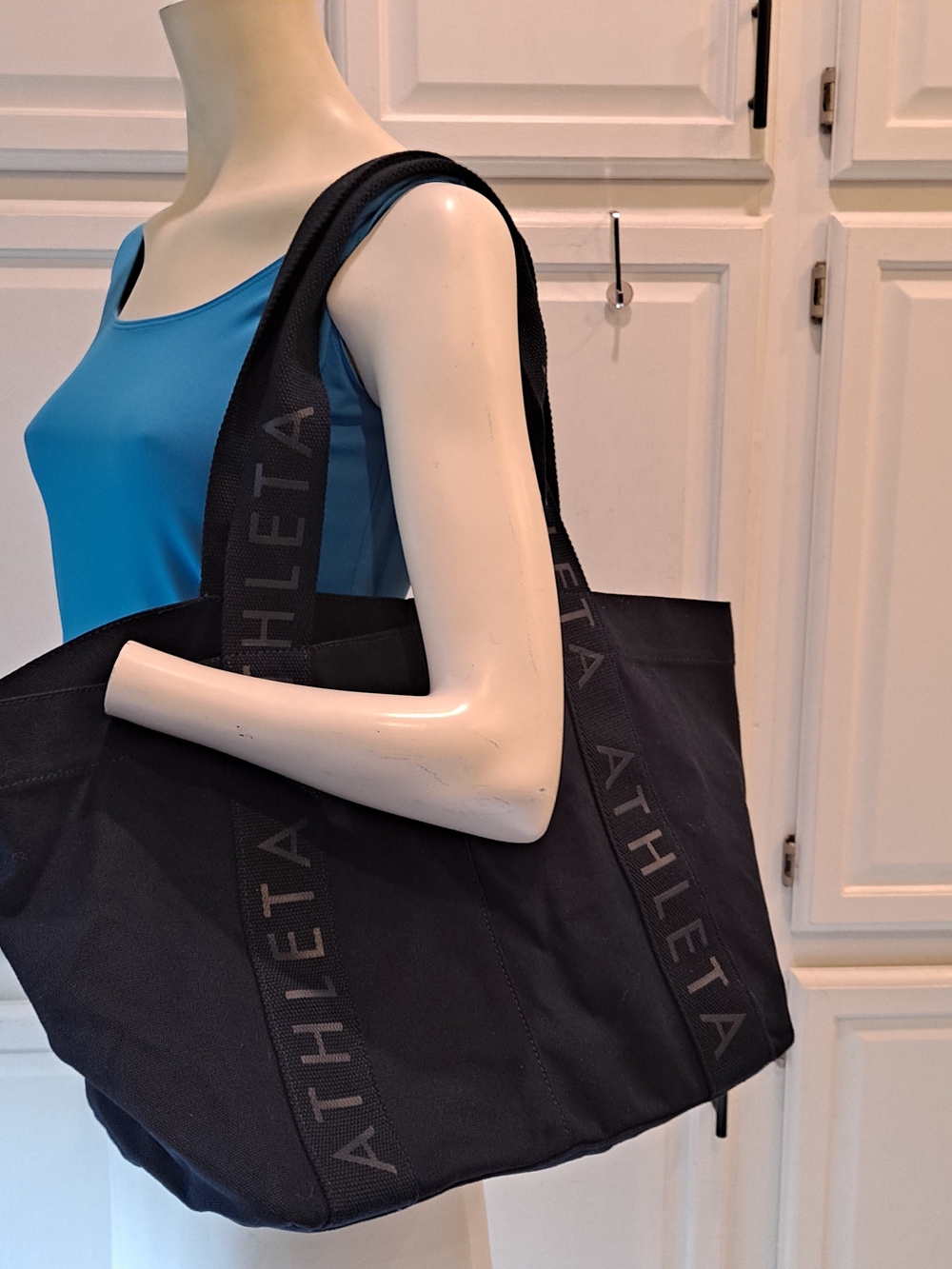 Athleta Logo Dark Navy Cotton Canvas Tote Bag Work Gym Travel Commuting - Picture 8 of 8